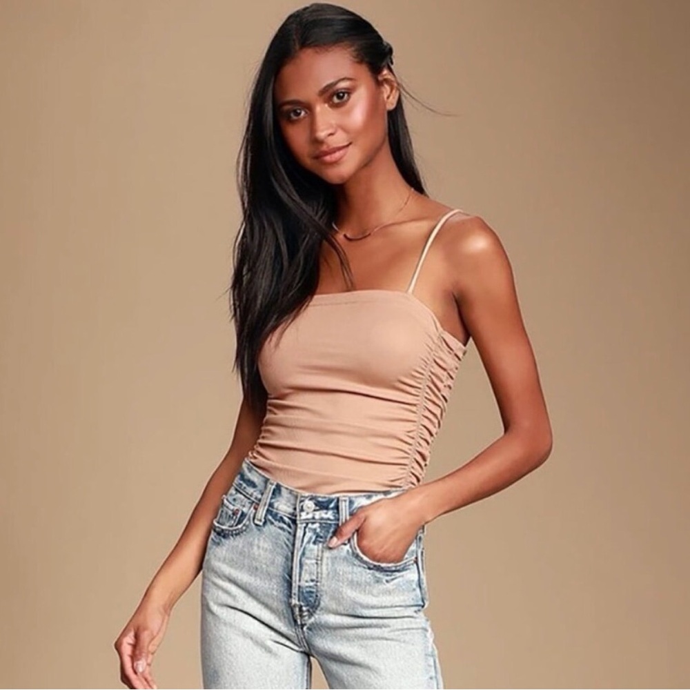 Free People Ruched Tan Bodycon Dress with Spaghetti Straps